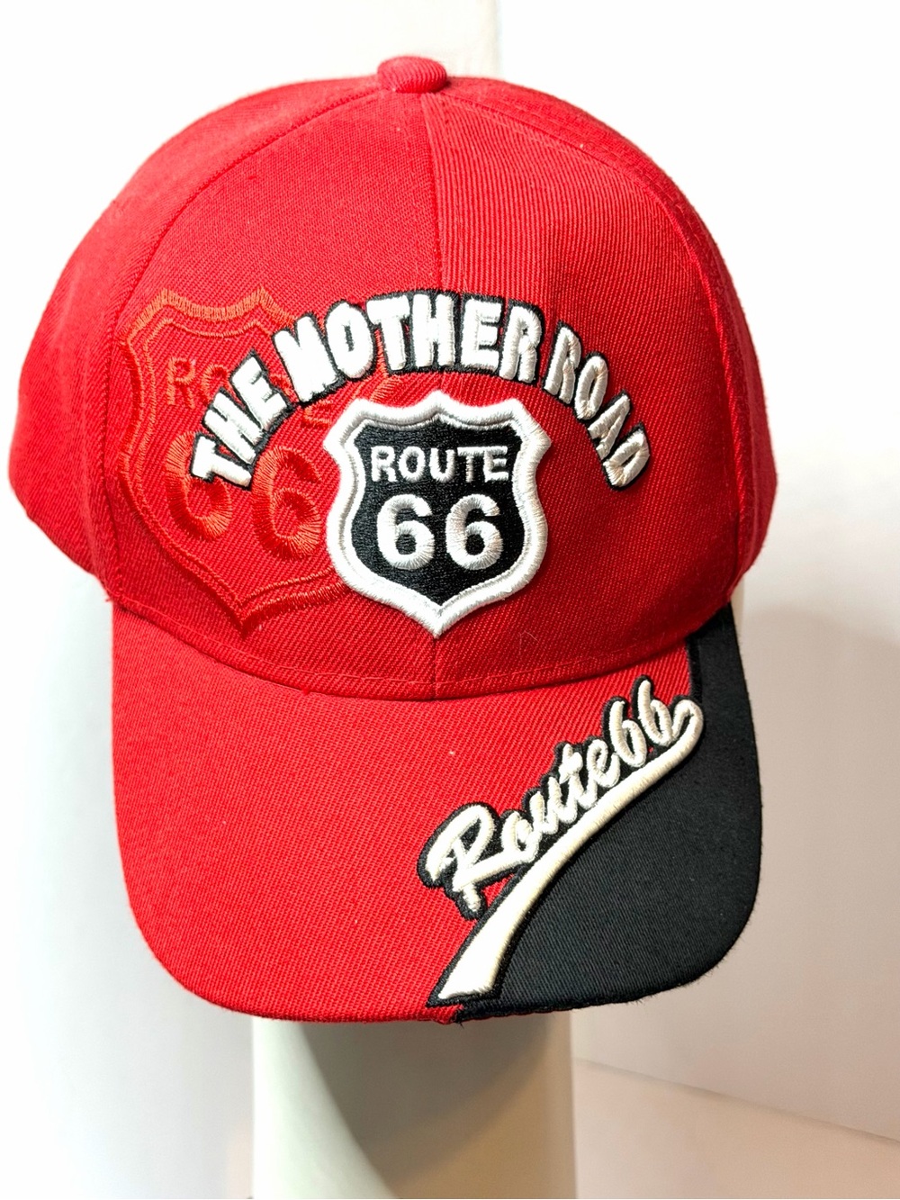 The Mother Road Route 66 Red and Black Baseball Cap with Embroidered Shield